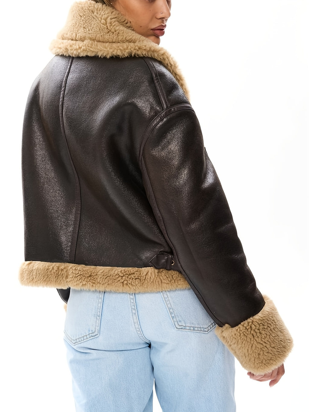 Women's Faux Leather Biker Jacket with Faux Fur Lining – Warm Winter Coat