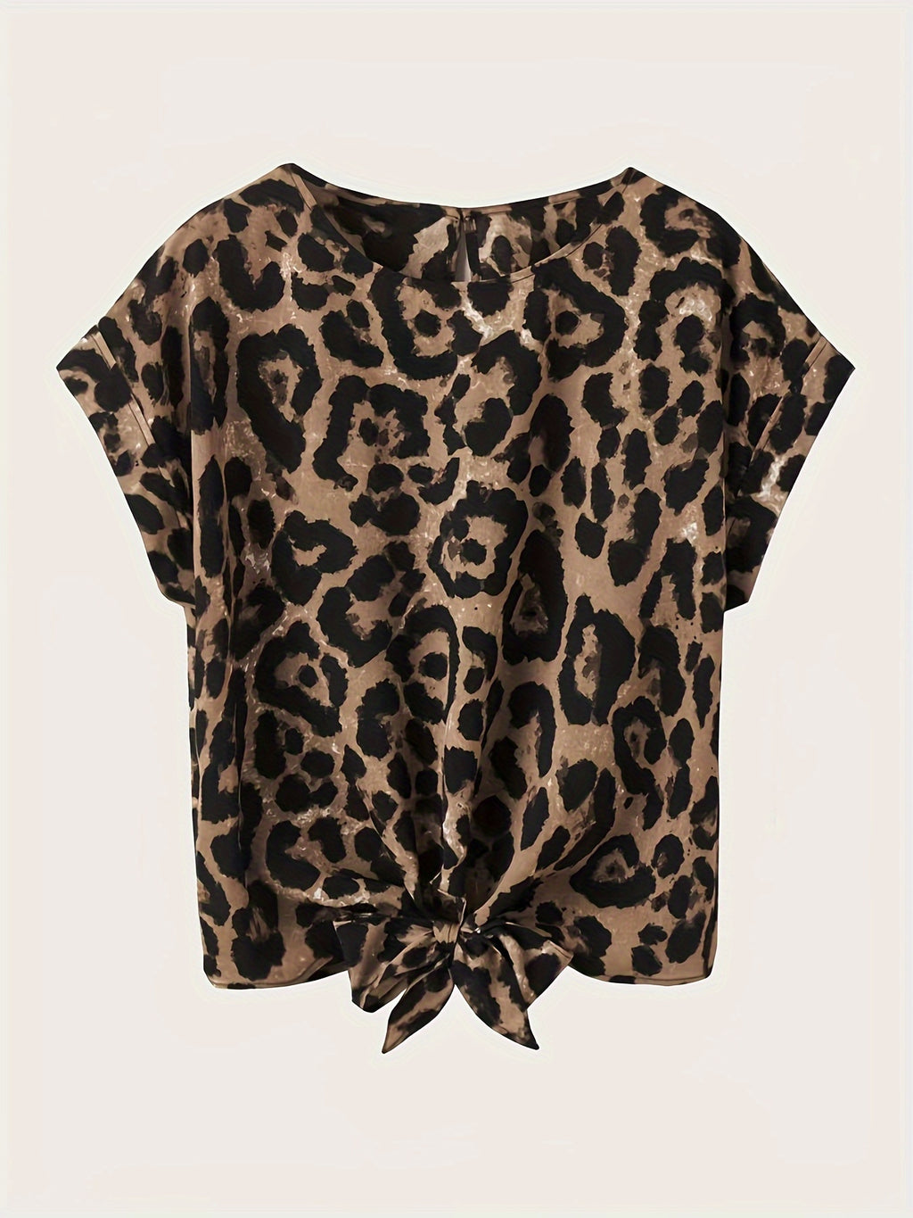 Tie-Front Leopard Print Blouse - Women's Crew Neck Casual Top for Spring & Summer