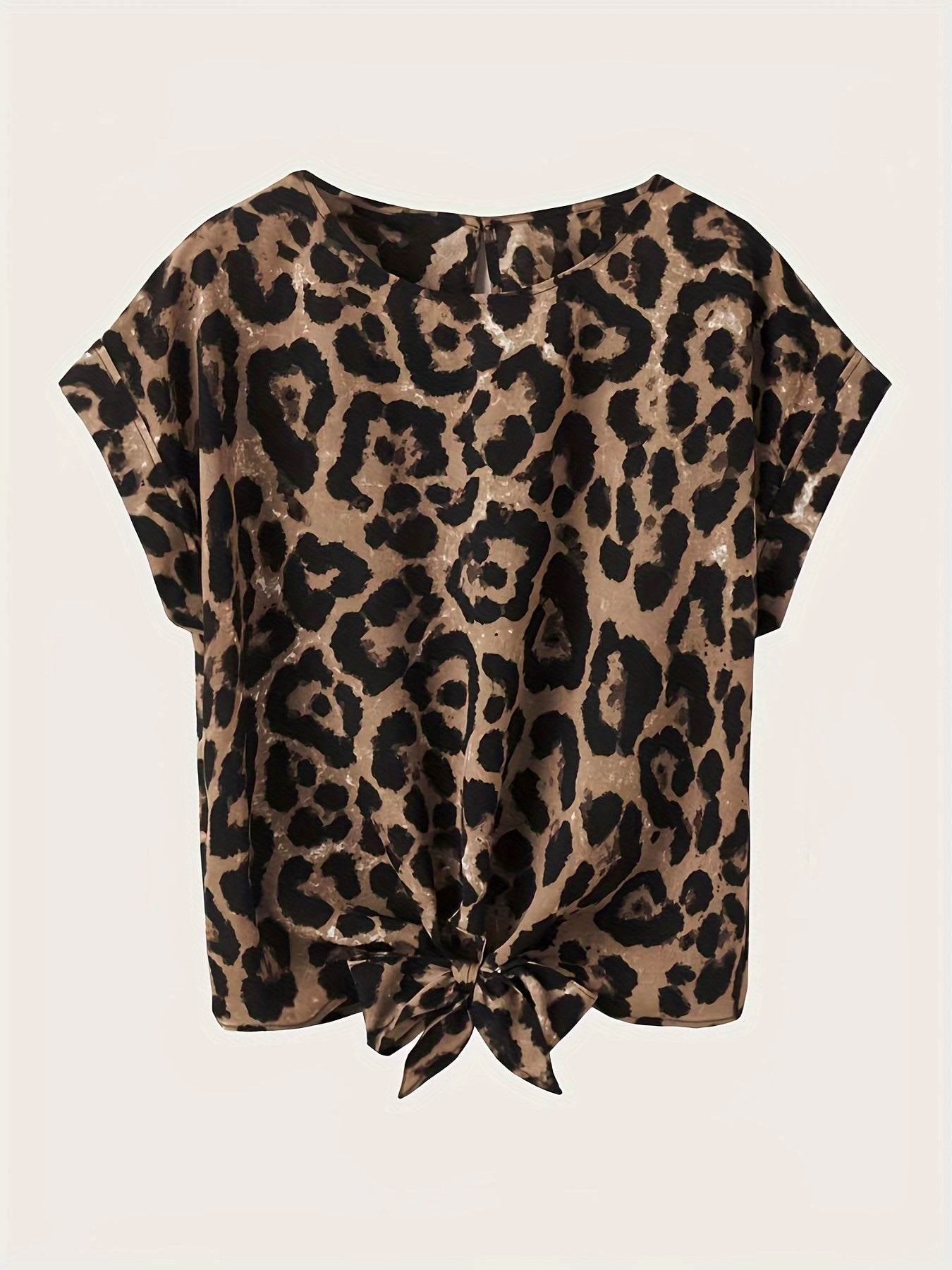 Tie-Front Leopard Print Blouse - Women's Crew Neck Casual Top for Spring & Summer