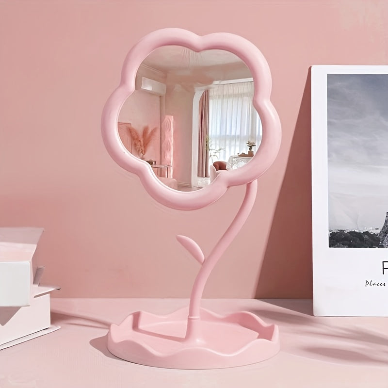 Floral Glass Makeup Vanity Mirror with Adjustable Stand & Tray — Portable Polished Plastic Frame for Dresser, Vanity, Bathroom