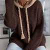 Women's Oversized Hooded Knit Sweater - Cozy Acrylic Pullover with Drawstring Hood, Long Sleeve, Black with Cream Accents