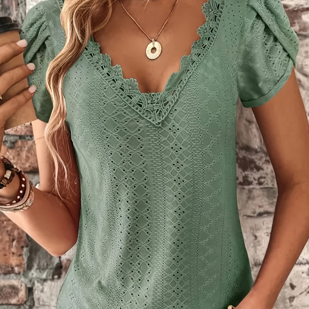 Elegant Women's Lace V-Neck Top — Petal Short Sleeves, Lightweight Summer Blouse