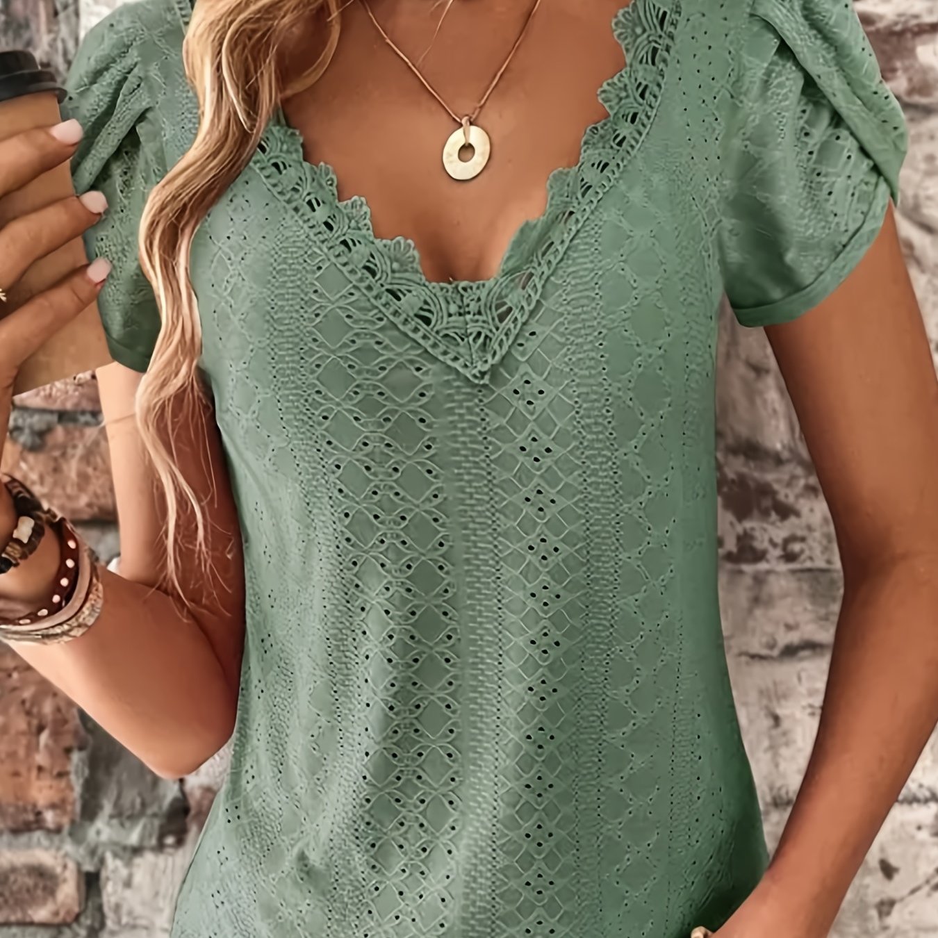 Elegant Women's Lace V-Neck Top — Petal Short Sleeves, Lightweight Summer Blouse