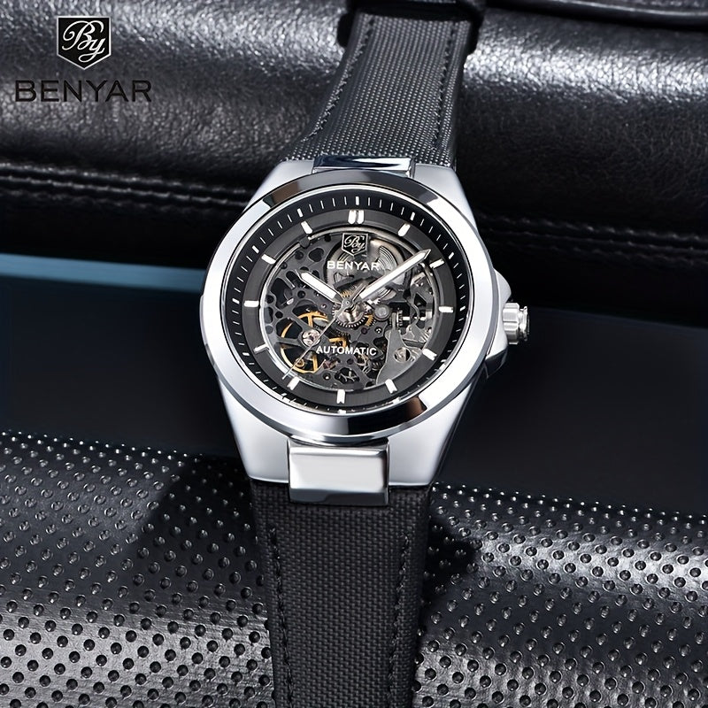 BY BENYAR Automatic Mechanical Unisex Watch – Luminous Round Dial, Blue & Gold Accents, PU Faux Leather Strap