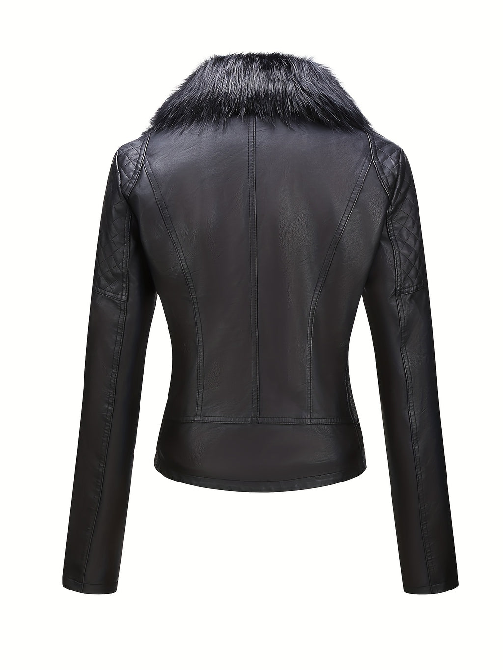 Women's Faux Leather Jacket with Removable Faux Fur Collar, Knit Panels, Zipper Front, Polyester Lined for Fall Winter
