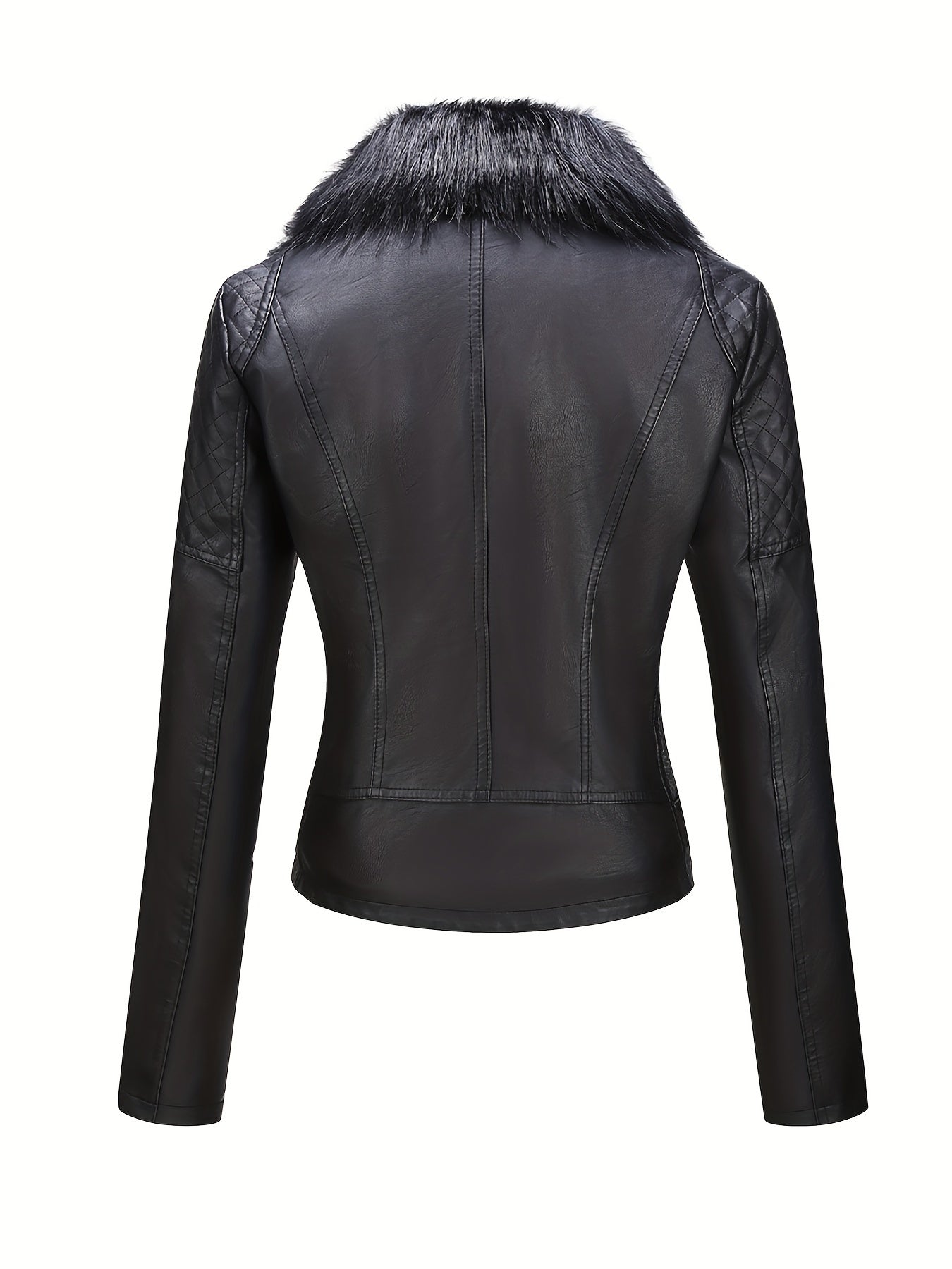 Women's Faux Leather Jacket with Removable Faux Fur Collar, Knit Panels, Zipper Front, Polyester Lined for Fall Winter