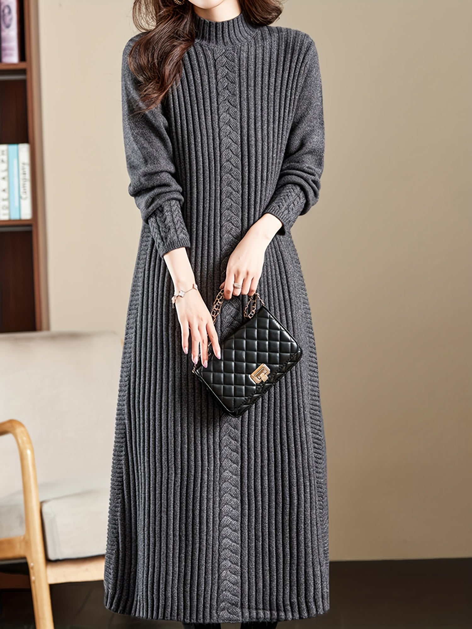Women's High Neck Long Sleeve Knit Midi Dress - Soft Acrylic Blend, Regular Fit