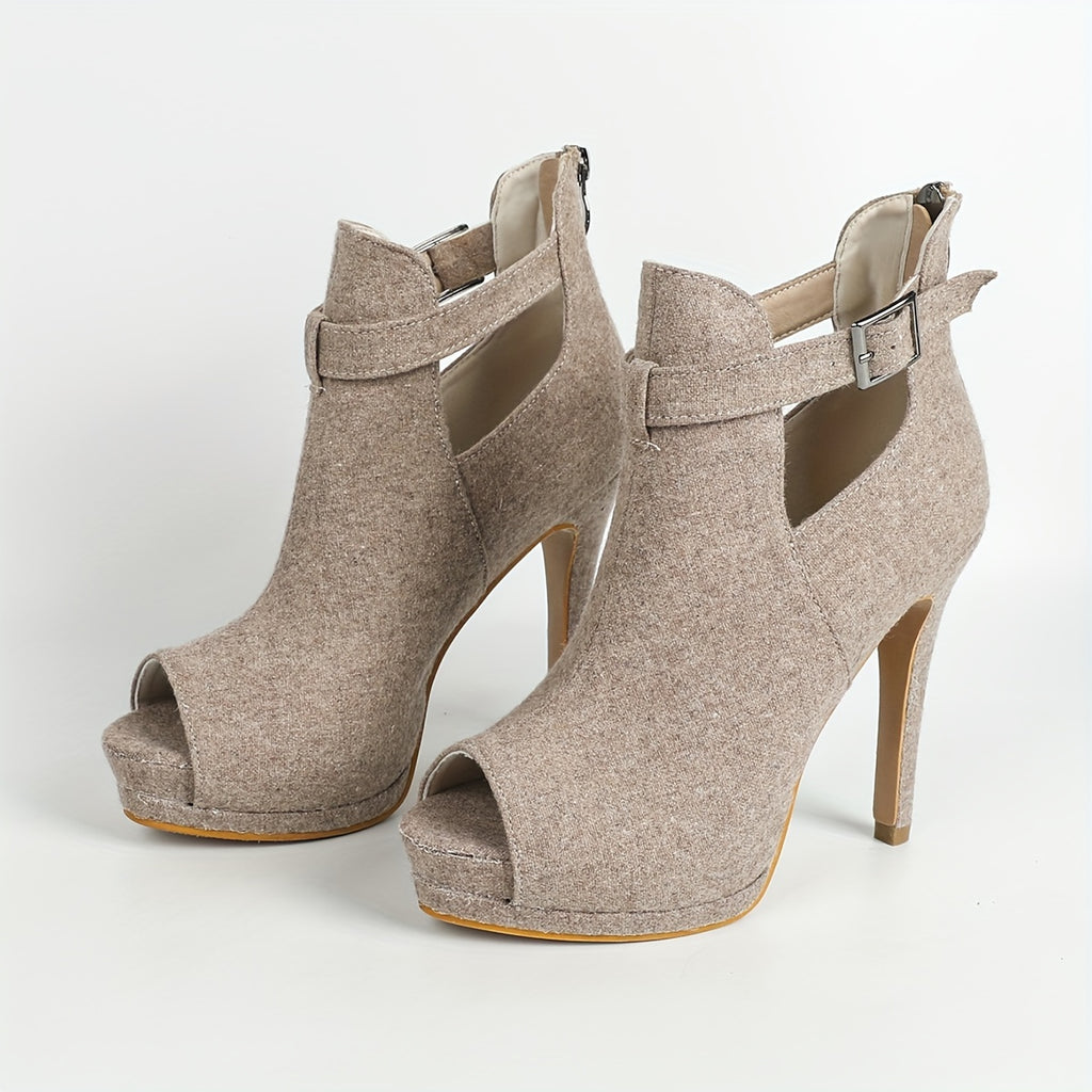 Women's Solid Stiletto Peep Toe Pumps with Back Zipper and Buckle Strap - Ultra High Heels