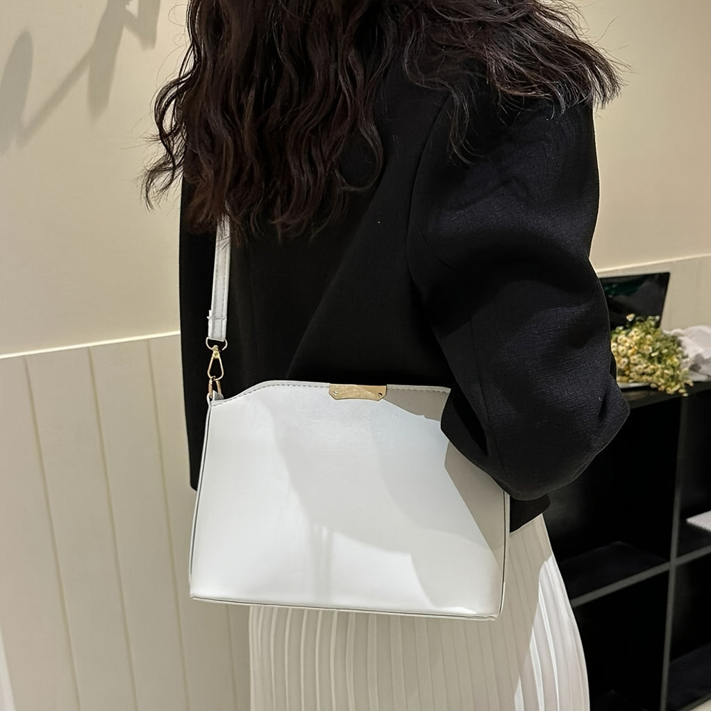 Minimalist PU Crossbody Bucket Bag for Women, Metal Accent Shoulder Messenger Bag