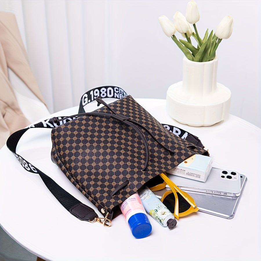 Women's PU Bucket Bag - Large Capacity Drawstring Crossbody & Shoulder Bag with Geometric Print