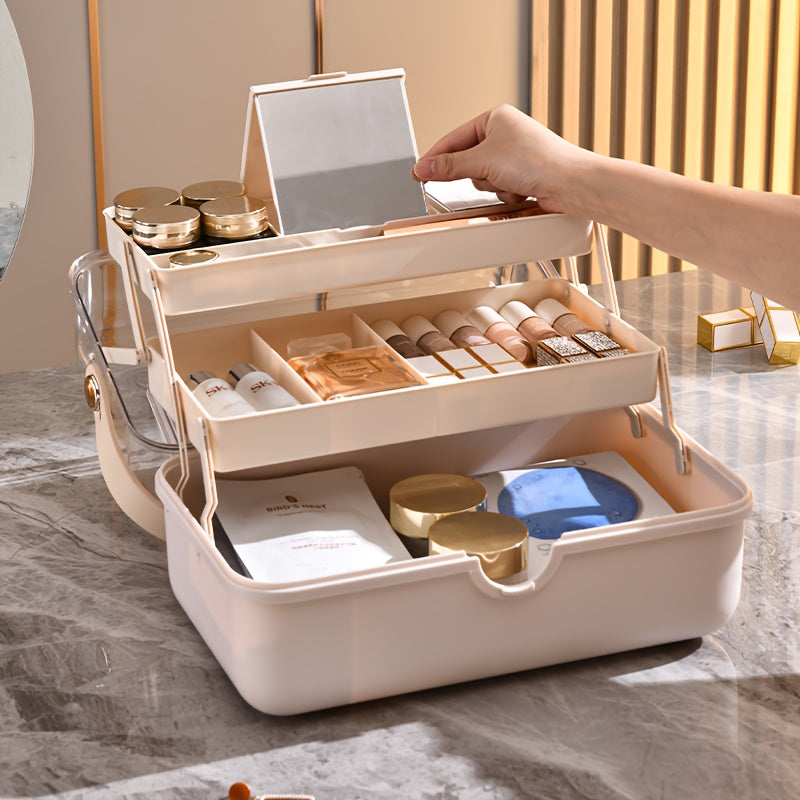 Large Capacity Makeup Organizer Box with Mirror - Multi-Layer Dust-Proof Cosmetic Case with Lock, Beige & White for Travel & Home Storage