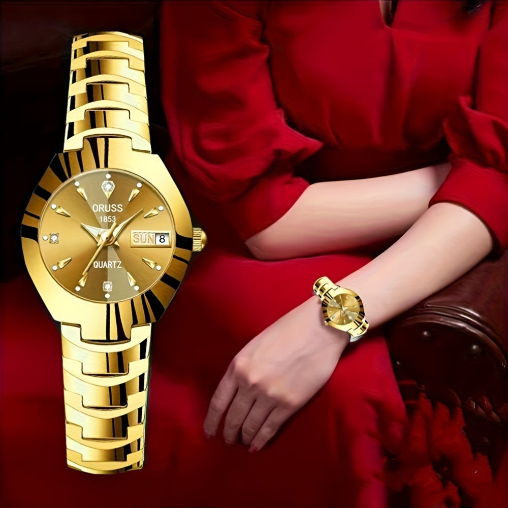 ORUSS Women's Mechanical Watch - Gold Dial with Date, Stainless Steel Bracelet - Elegant Luxury Timepiece