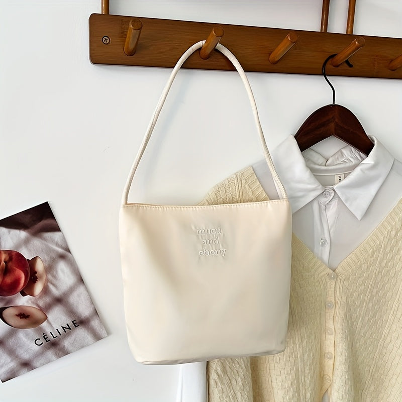 Women's Nylon Underarm Crossbody Bucket Bag – Embroidered Single Shoulder Handbag (Black, White)