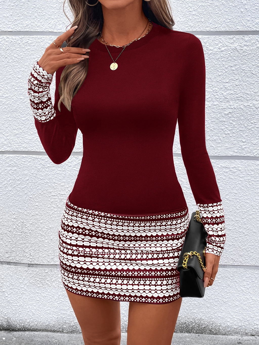 Women's Geometric Bodycon Dress, Long Sleeve Crew Neck, Polyester Knit, All-Season, Plus Size