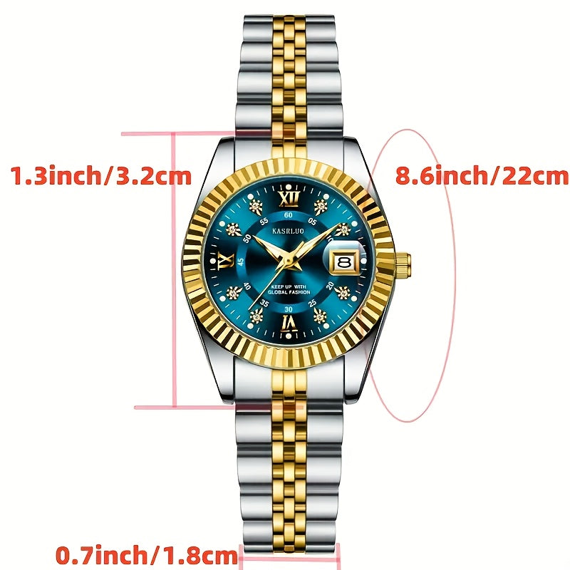Elegant Women's Mechanical Watch - Gold Stainless Steel Band, Blue Dial, Boho World-Time Wristwatch, Ideal Gift
