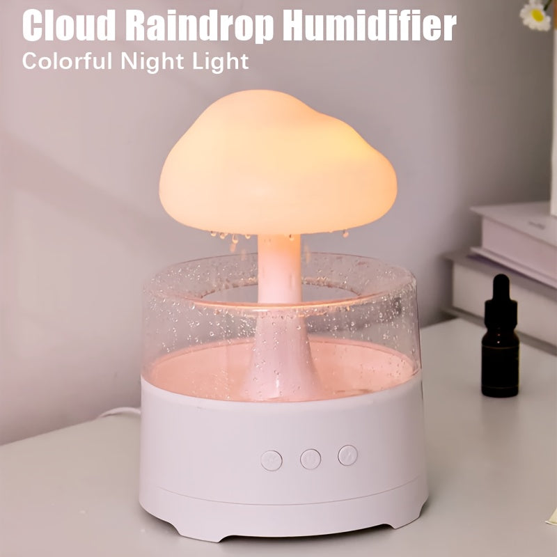 Rain Cloud Aroma Diffuser, 7-Color Mushroom Waterfall Humidifier with Night Light & Water Droplet Sound, USB Powered (White)