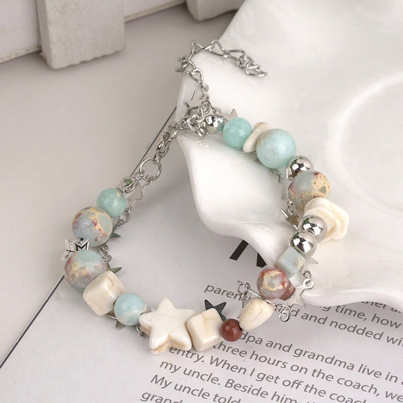 Women's Bohemian Double-Layer Starfish & Agate Beaded Bracelet - Adjustable Lobster Clasp, Natural Stone October Birthstone, Turquoise Green Red Brown Gold-Tone