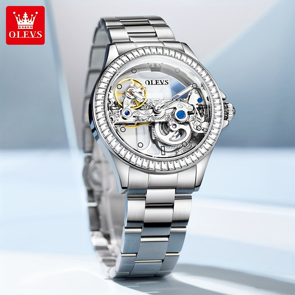 OLEVS Women's Luxury Automatic Skeleton Mechanical Watch – Stainless Steel Case, Faux Leather Strap, Luminescent Hands