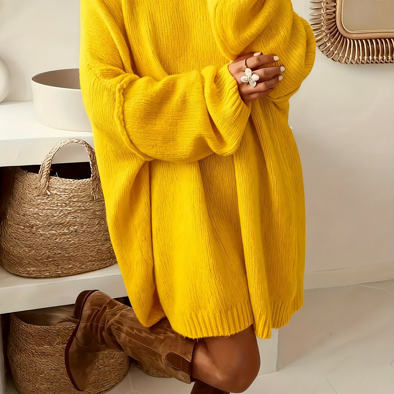 Plus Size Oversized Sweater Dress - Soft Beige Long Knit Pullover Coat, Crew Neck, Relaxed Fit, Machine Washable