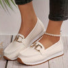 Women’s White Slip-On Mules with Metallic Buckle — Thick Sole Loafers, Fabric-Lined EVA Sole, All-Season