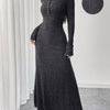 Ribbed Button V-Neck A-Line Long Sleeve Fit and Flare Dress for Women - Casual Fall/Winter