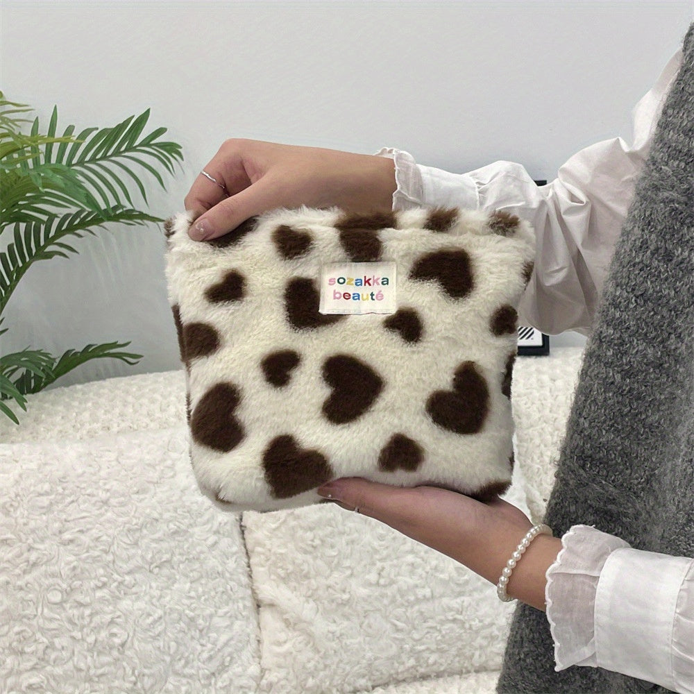Winter Plush Makeup Bag Polka Dot - Large Capacity Travel Cosmetic Organizer & Wash Bag for Women