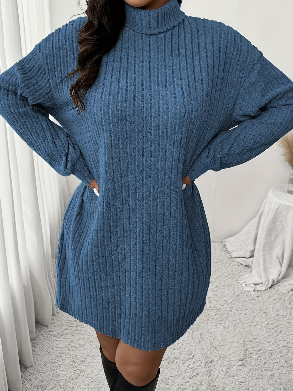 Plus Size High Neck Ribbed Knit Dress Long Sleeve Knee-Length Casual Winter Dress