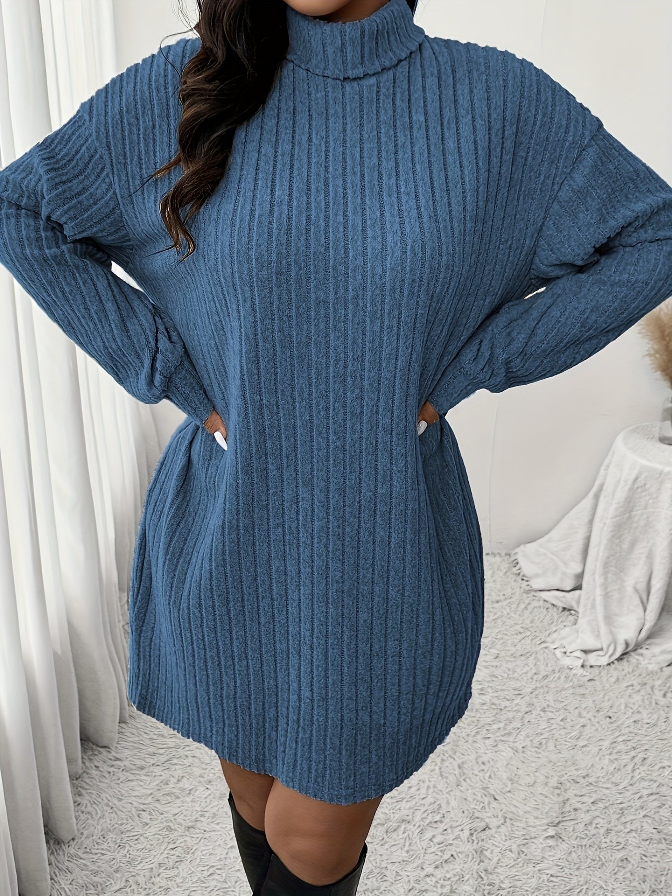 Plus Size High Neck Ribbed Knit Dress Long Sleeve Knee-Length Casual Winter Dress