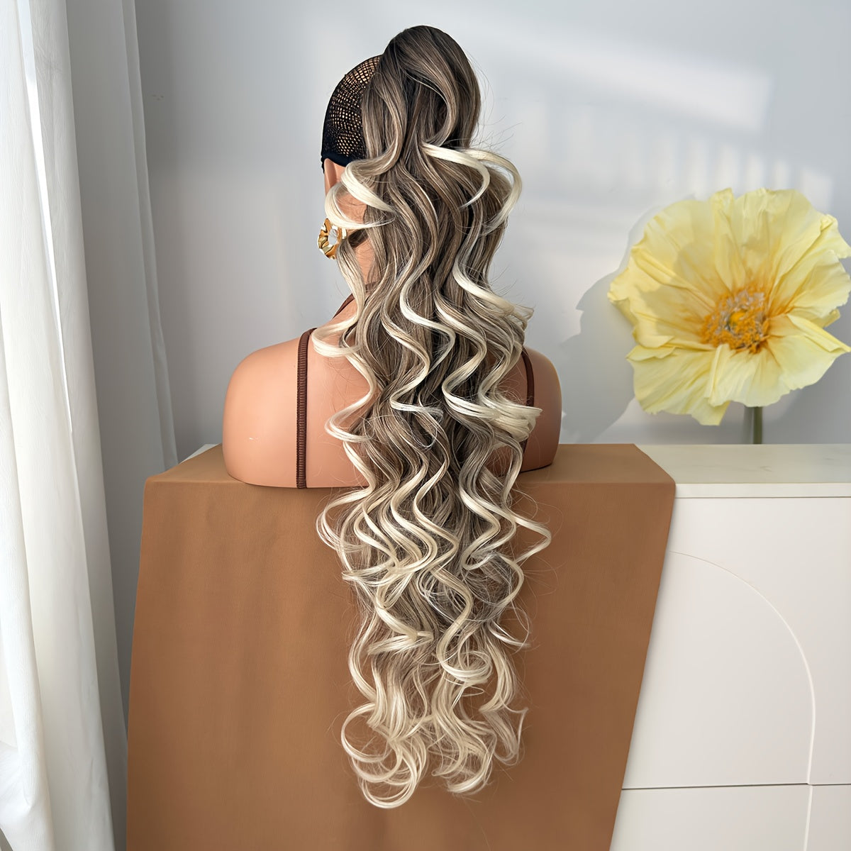 32 in (81 cm) Deep Wave Claw Ponytail Extension - Heat-Resistant Synthetic Clip-In, Burgundy/Brown/Black/Red Gradient