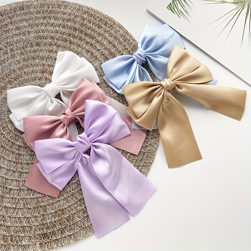 5-Pack Satin Fabric Bow Hair Clips for Women & Teens – Solid Color Crocodile Clip Set, Elegant Christmas Hair Bows