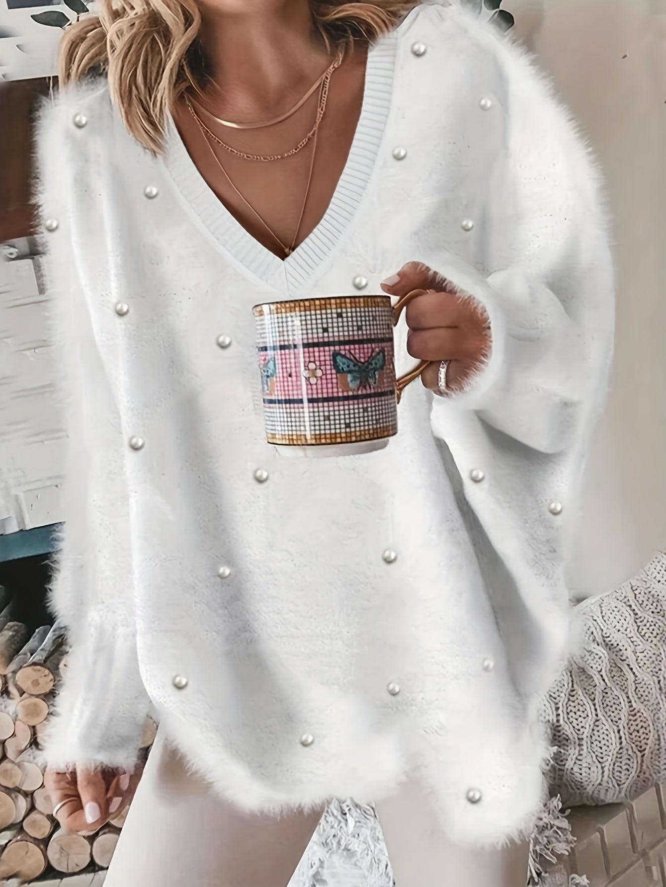 Plus Size V-Neck Sweater – Yellow Geometric Knit with Pearl Buttons & Fleece-Lined Cuffs, Asymmetrical Hem