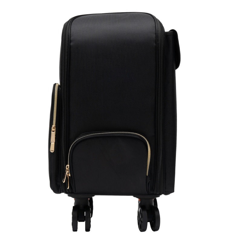 Rolling Makeup Train Case for Makeup Artists – Heavy-Duty Cosmetic Organizer with Brush Slots, Multiple Compartments, Telescopic Handle & Gold-Tone Hardware