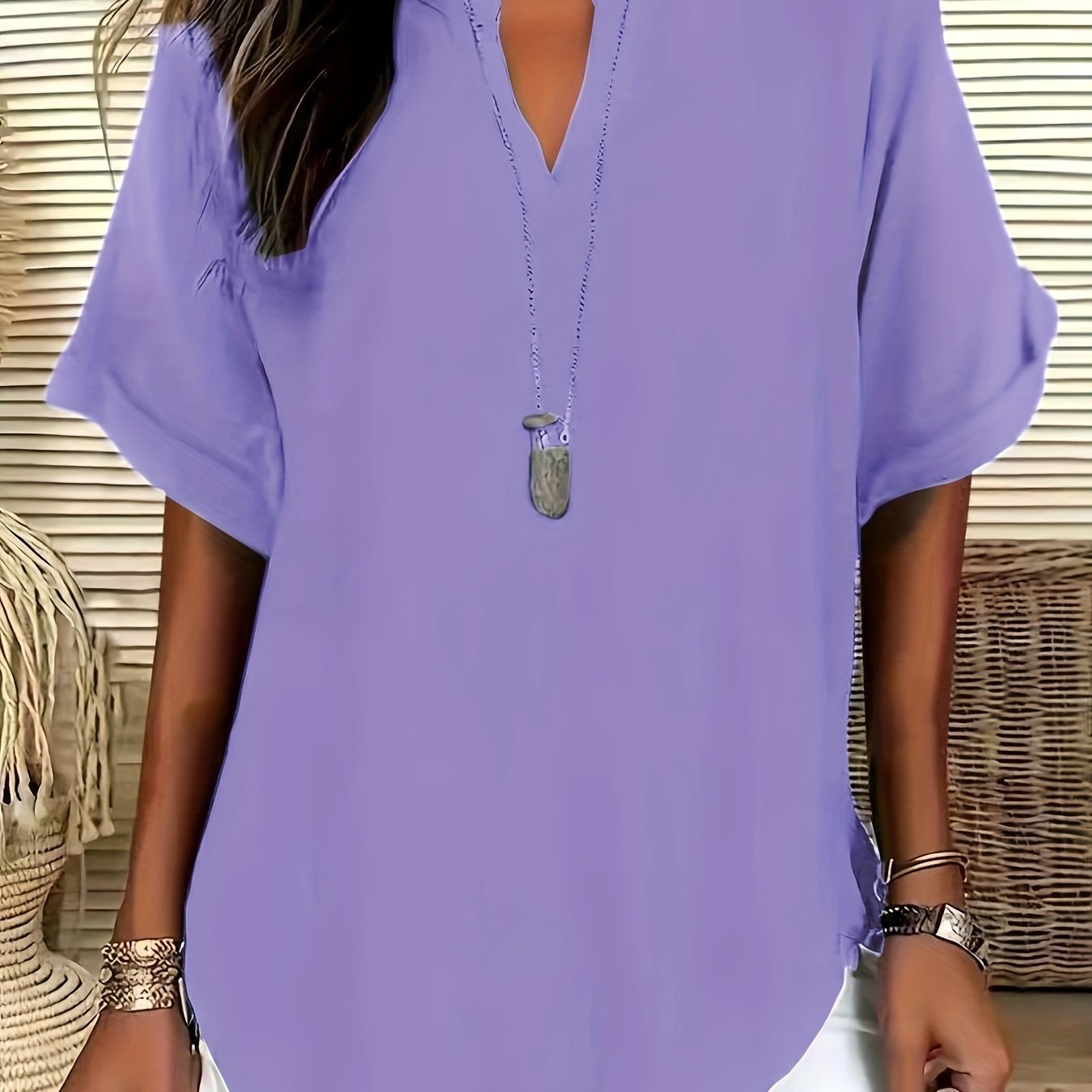 Plus Size V-Neck Blouse - Women's Short Sleeve Loose Batwing Top with Flared Hem, Stretchy Casual Shirt