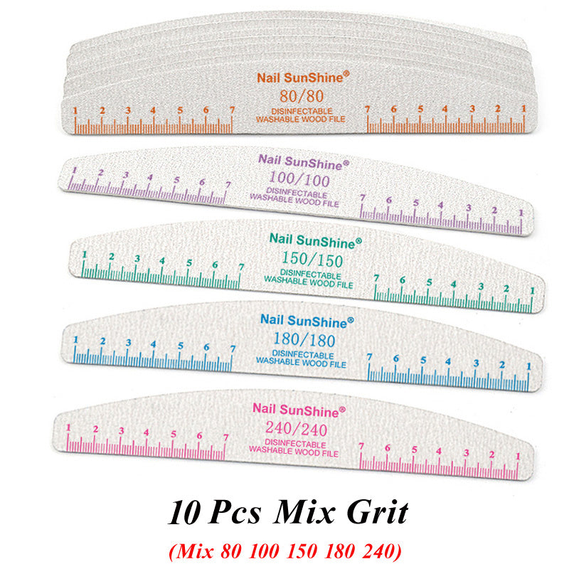 10-Pack Half-Moon Nail Files & Buffers – 80/100/150/180/240 Grit – Birch Wood Sandpaper for Manicure & Pedicure