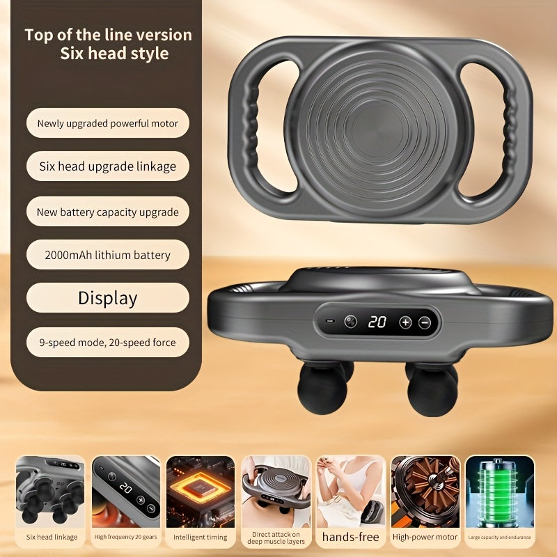 6-Head Percussion Massage Gun — Deep Tissue Massager, 44.1 lb (20 kg) Force, 9,600 RPM, 14 mm Travel, Rechargeable 1800mAh for Neck Back Legs Feet