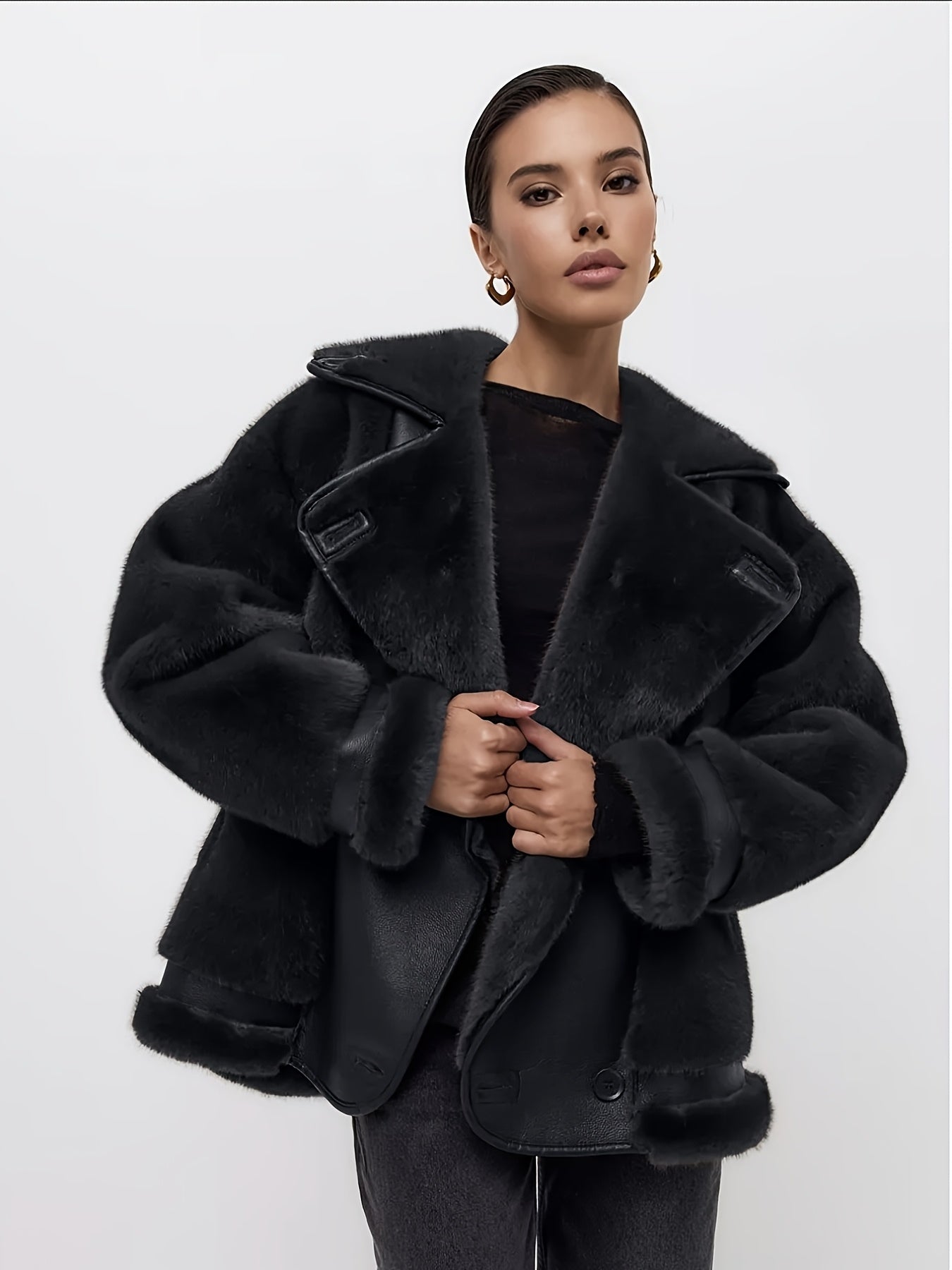 AFTF BASIC Women's Long Faux Mink Fur Jacket, Asymmetrical Hem Motorcycle Coat with Turnover Collar and Faux Fur Lining