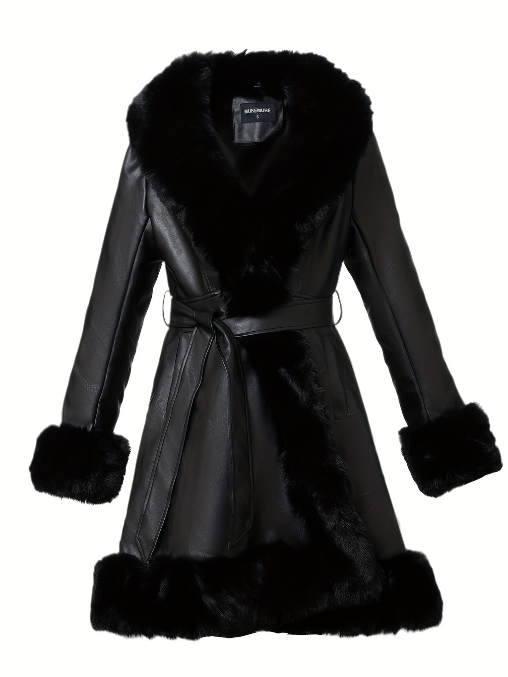 Women's Midi Faux Fur-Lined Faux Leather Belted Coat, Elegant Winter Long Sleeve Jacket