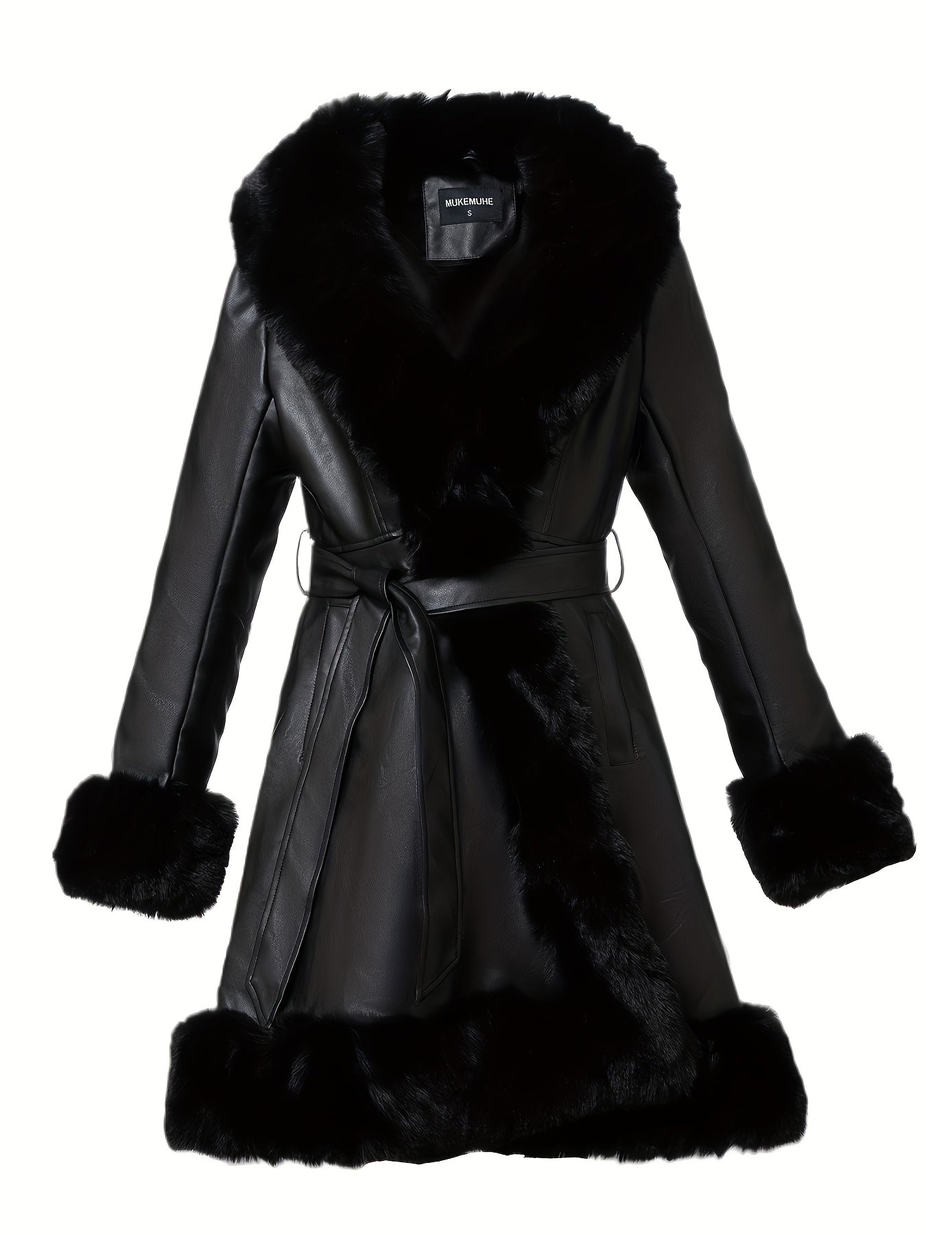 Women's Midi Faux Fur-Lined Faux Leather Belted Coat, Elegant Winter Long Sleeve Jacket