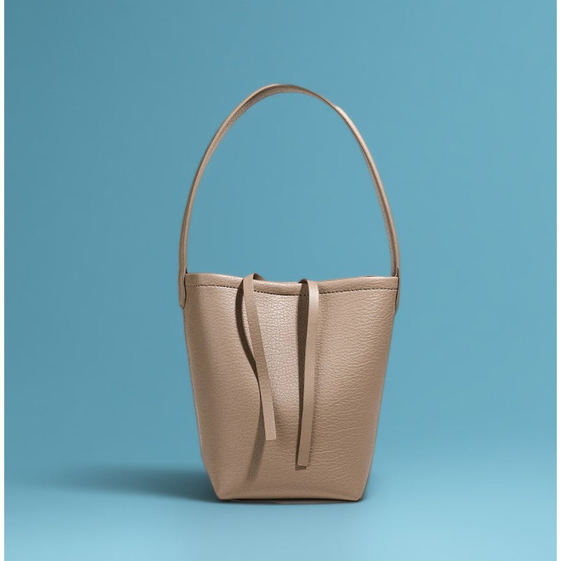 Women's Large Capacity Korean-Inspired Drawstring Bucket Tote - Minimalist Round PU Crossbody Shoulder Purse with Adjustable Strap, Black Grey Coffee Brown White Red