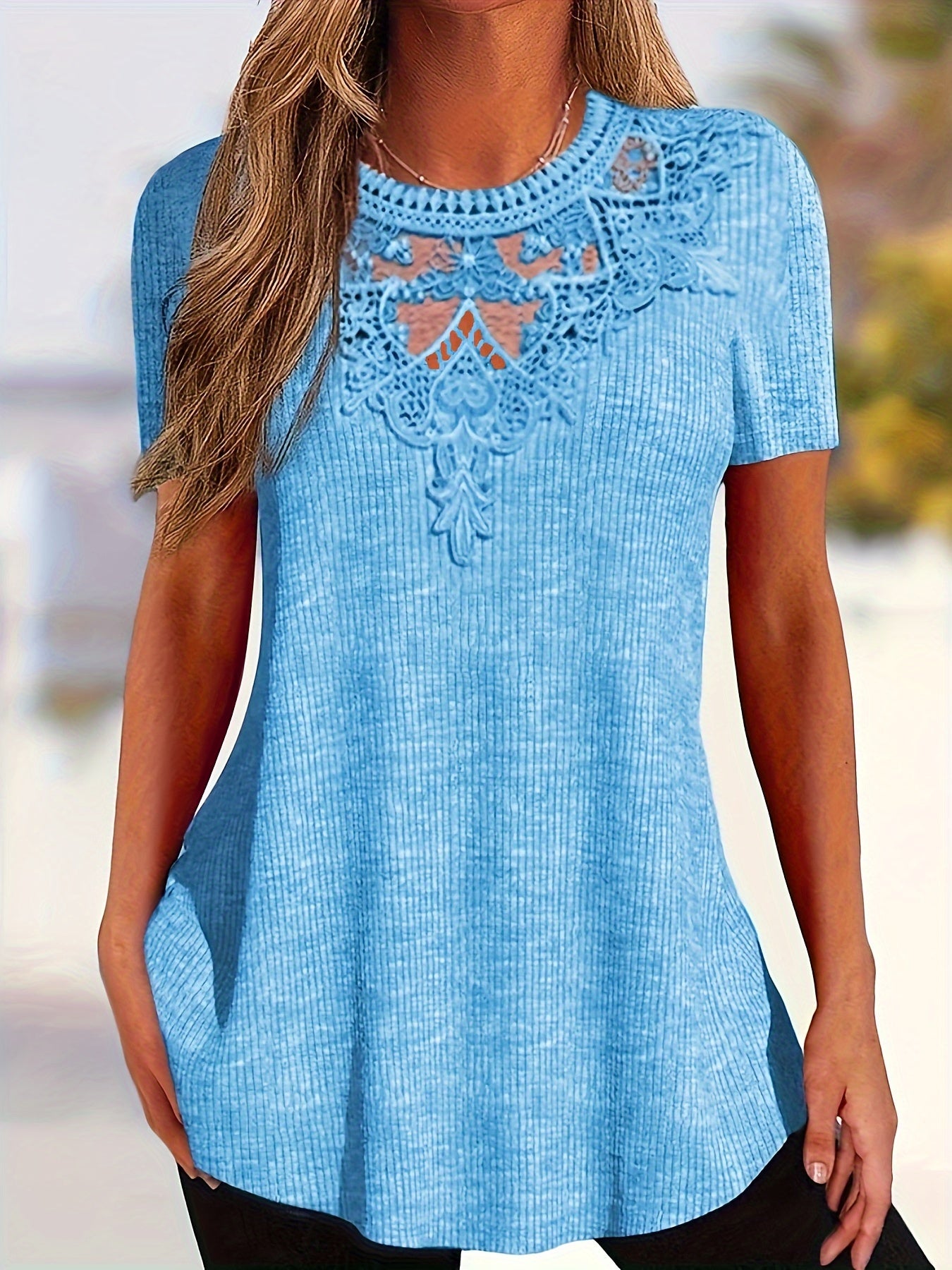 Women's Summer Lace-Trim Pullover Top - Light Gray Short Sleeve Casual Blouse, Medium Stretch, Machine Washable