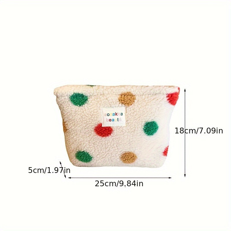 Winter Plush Makeup Bag Polka Dot - Large Capacity Travel Cosmetic Organizer & Wash Bag for Women