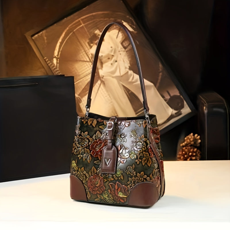 Vintage Floral Embroidered Bucket Bag – Coffee PU Crossbody with Detachable Strap & Zipper, Lightweight Large-Capacity Retro Handbag
