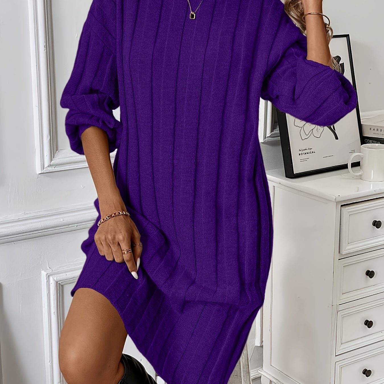 Plus Size Women's Knit Sweater Dress - Long Sleeve Round Neck, Stretchy Solid Color for Casual & Formal