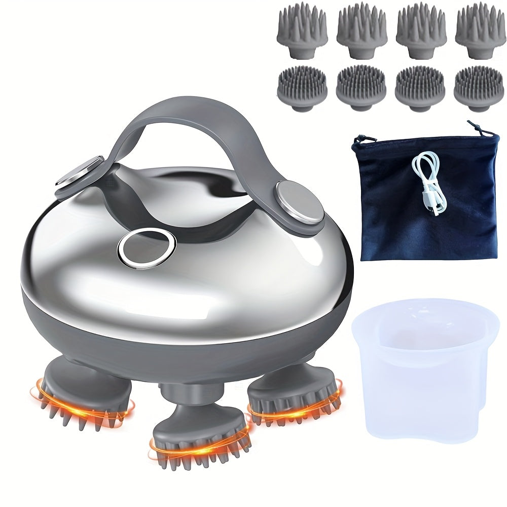 USB Rechargeable Hanging Rope Scalp Massager – 5-in-1 Kneading, 96 Massage Nodes, Handheld Portable Head Scratcher & Deep Hair Cleaner, Silvery