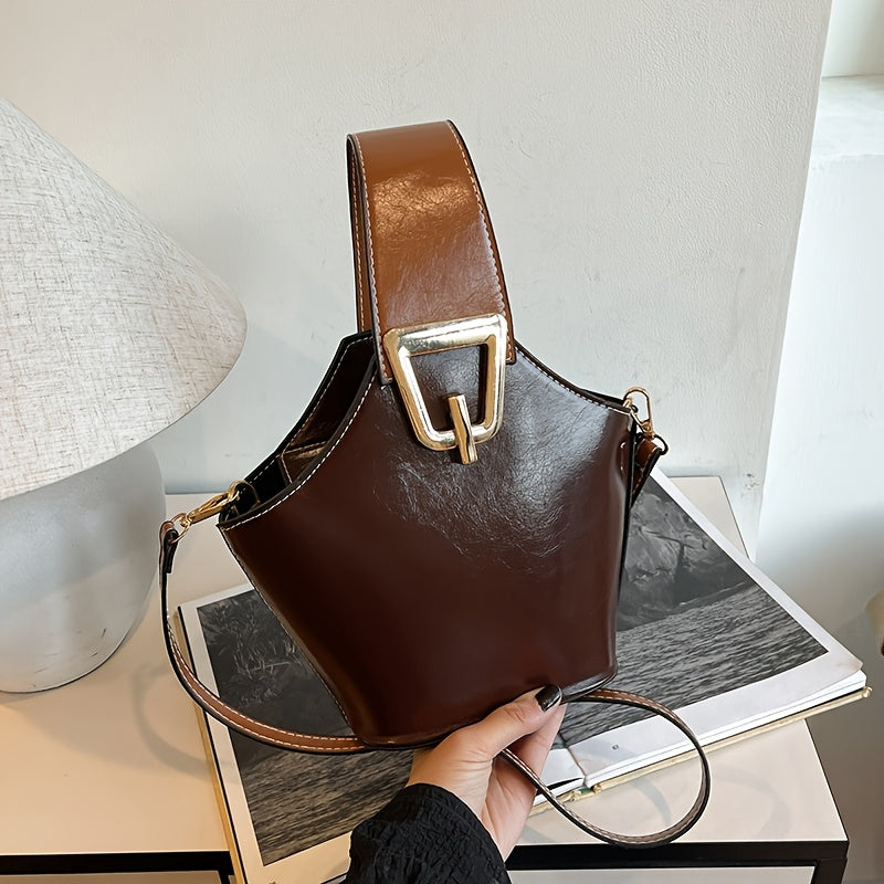 Elegant Women's PU Leather Bucket Crossbody Bag – Small Zippered Crossbody with Detachable Adjustable Strap & Gold-Tone Hardware