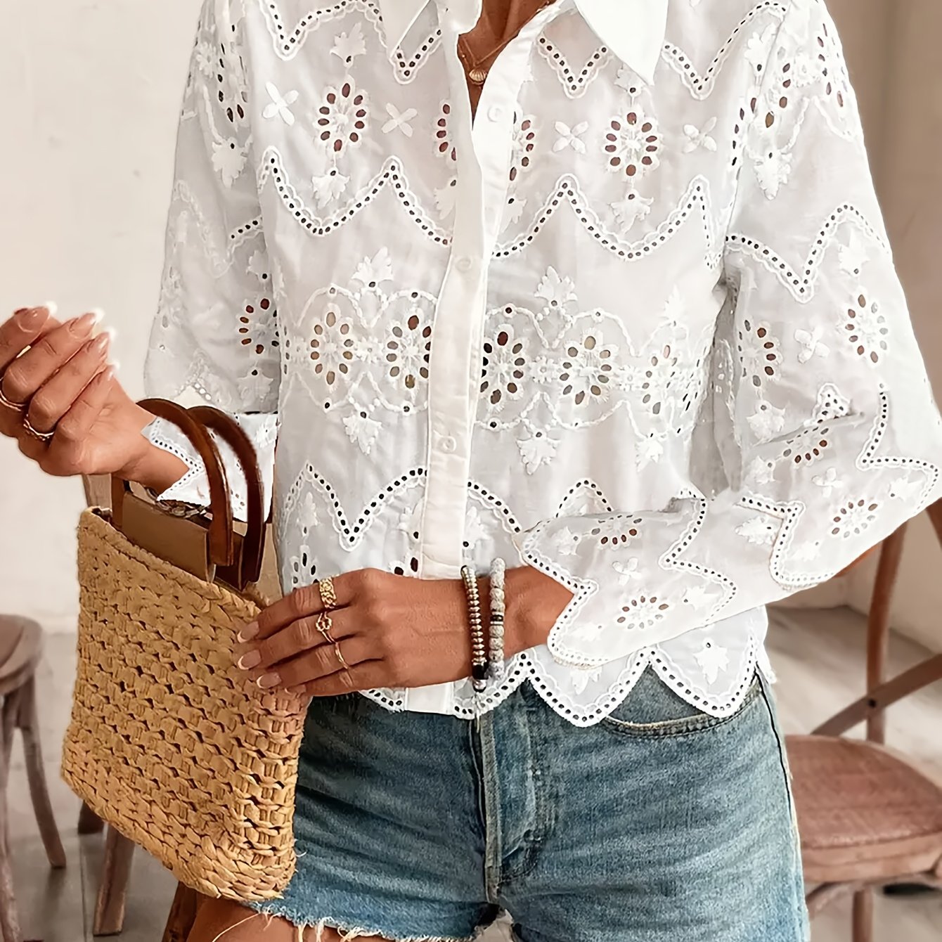 White Lace-Trim Floral Button-Up Blouse for Women – 100% Polyester, Semi-Sheer Lapel Collar, Casual Chic