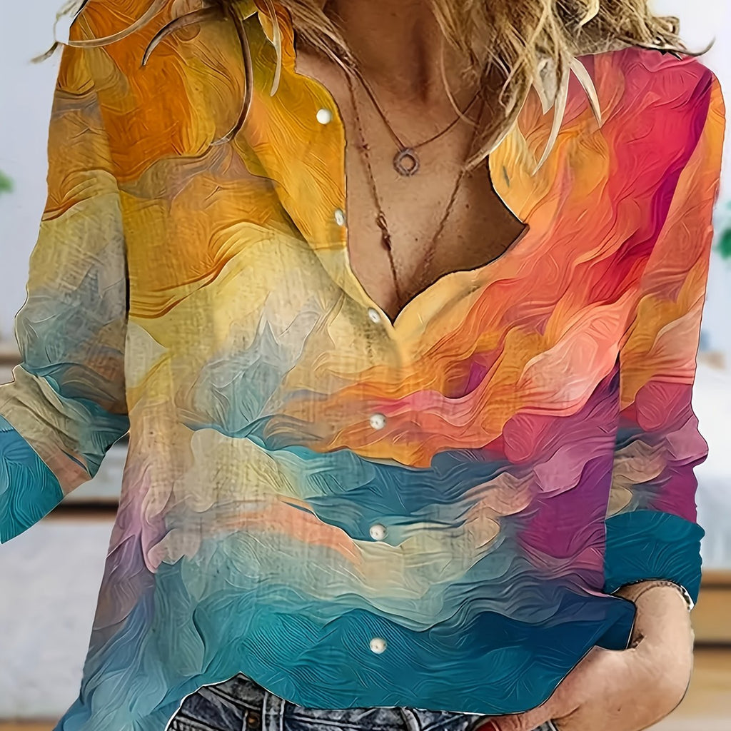 Women's Marble Print Long Sleeve Button-Up Shirt - Lightweight Breathable Blouse for Spring & Fall, Casual or Dressy