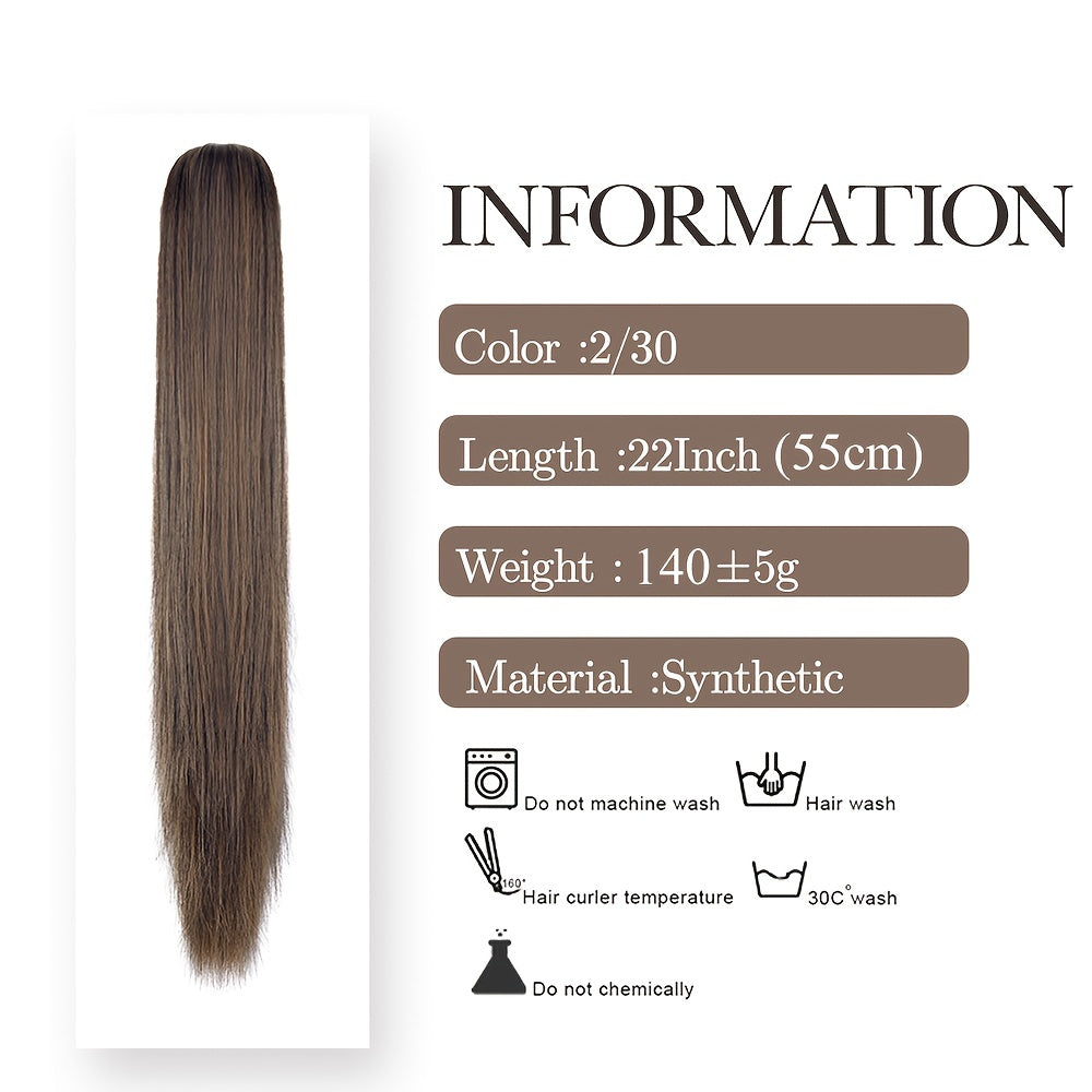 22-Inch (56 cm) Straight Synthetic Ponytail Extension with Claw Clip - Heat-Resistant Black & White Hairpiece for Women