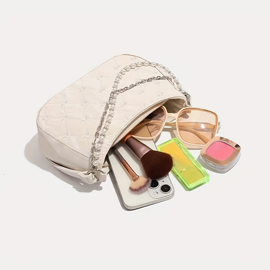 Pink Quilted Butterfly Baguette Bag with Pearl Chain – Detachable Shoulder Crossbody Purse, Diamond Pattern Elegant Women's Handbag