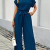 Women's Black Summer Jumpsuit - Crew Neck Short Sleeve Wide-Leg Palazzo with Elastic Waist & Belt, 100% Polyester